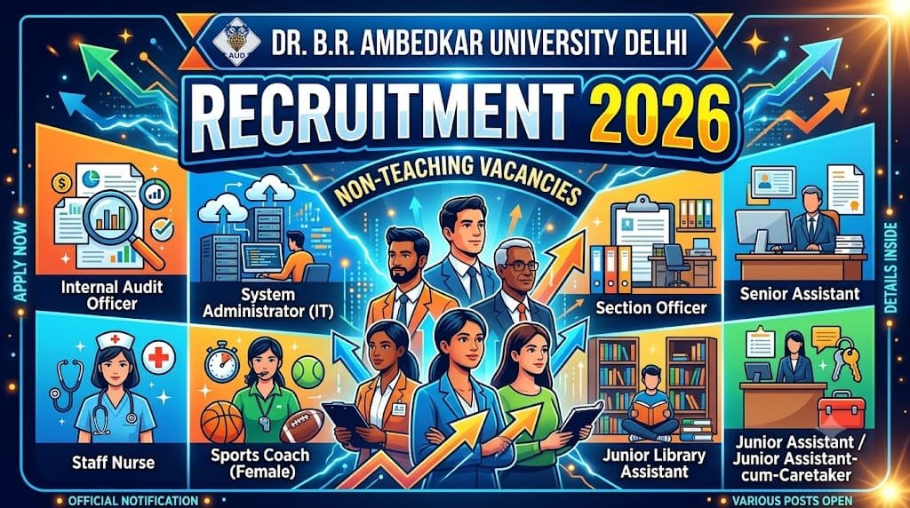 Dr. B. R. Ambedkar university delhi recruitment 2026 1 Dr. B. R. Ambedkar university delhi internal audit officer, system administrator (it), section officer, senior assistant, staff nurse, sports coach (female), junior library assistant and junior assistant / junior assistant-cum-caretaker recruitment 2026