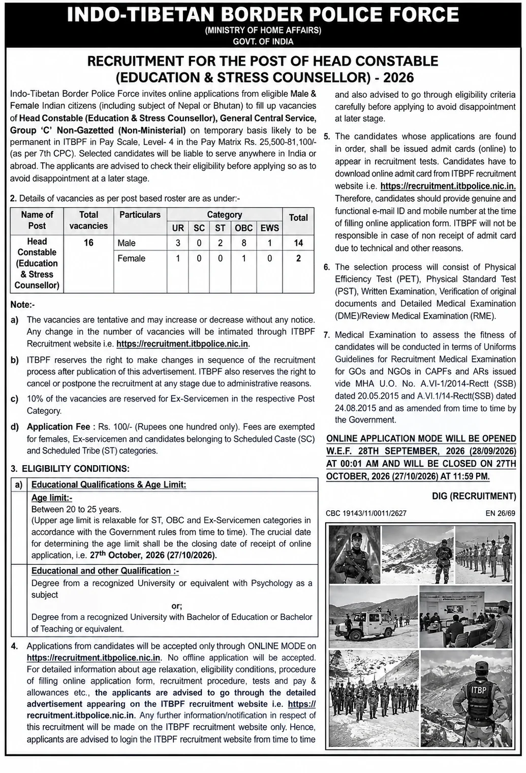 Itbp head constable education stress counsellor recruitment 2026 2 Itbp head constable education stress counsellor recruitment 2026