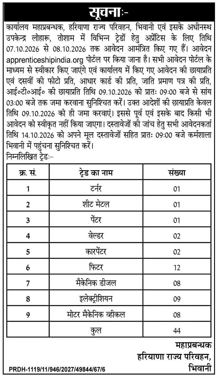 Bhiwani roadways apprentice recruitment 2026 1 Bhiwani roadways apprentice recruitment 2026